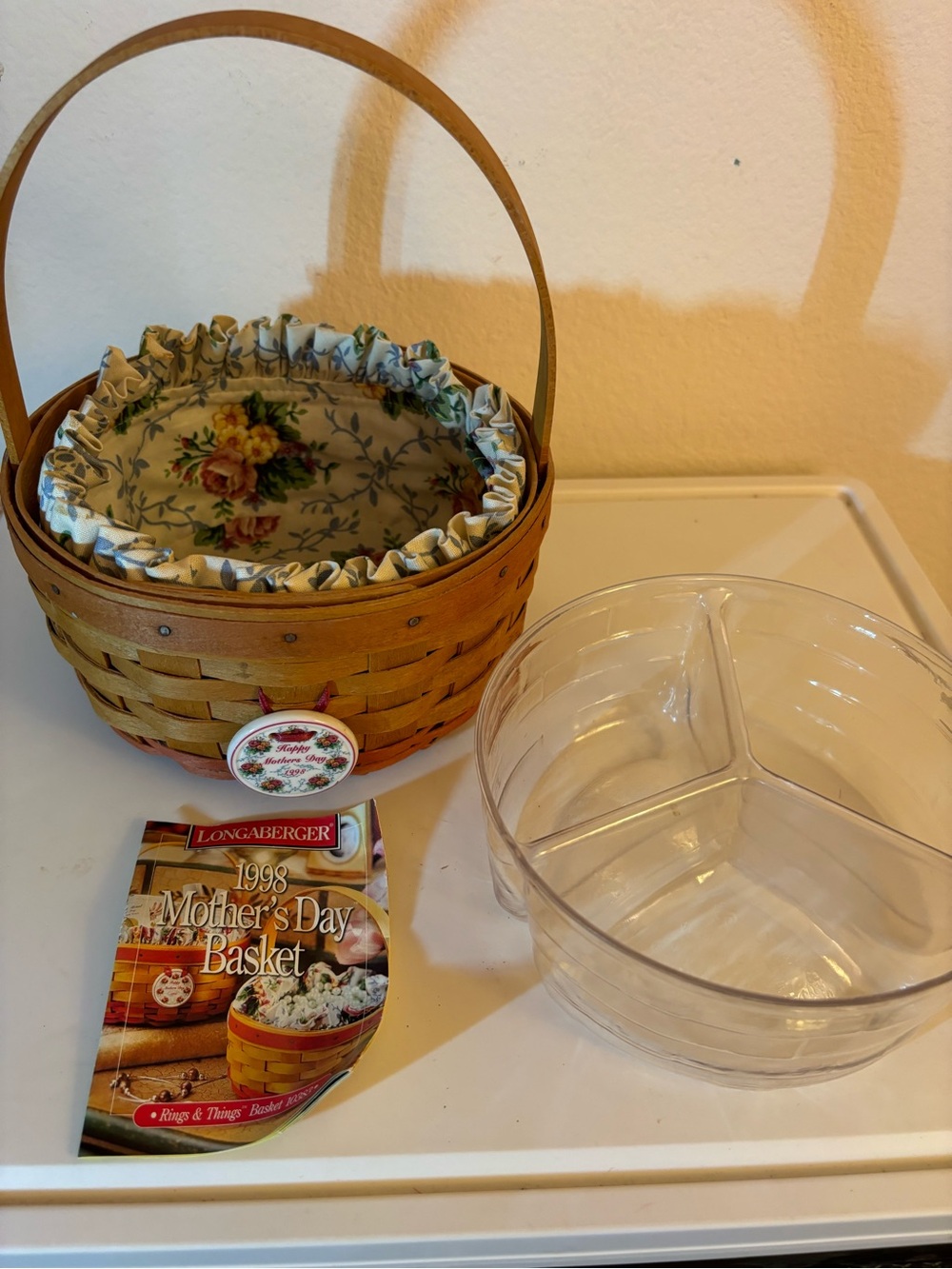Longaberger 1998 Mother's Day Floral Lined Basket with Plastic Protector